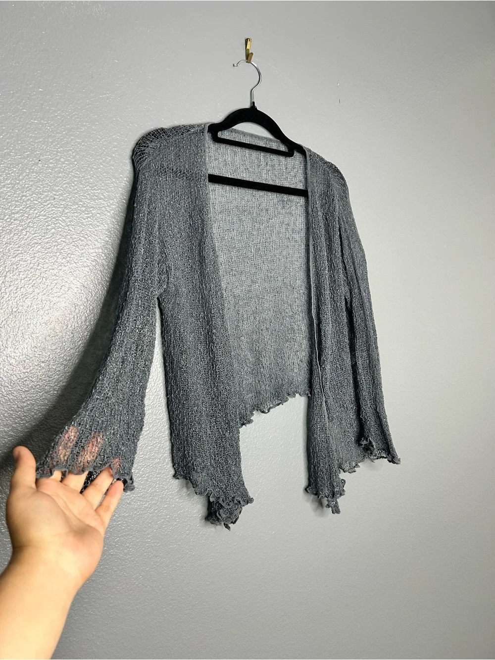Gray Sheer Open-Front Ruffled Hem whimsigoth witchy Cardigan Shrug